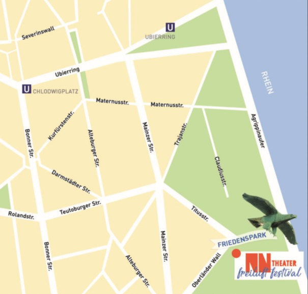 Wegbeschreibung in Form einer Stadtkarte mit einem roten Punkt am Friedenspark in der Kölner Südstadt