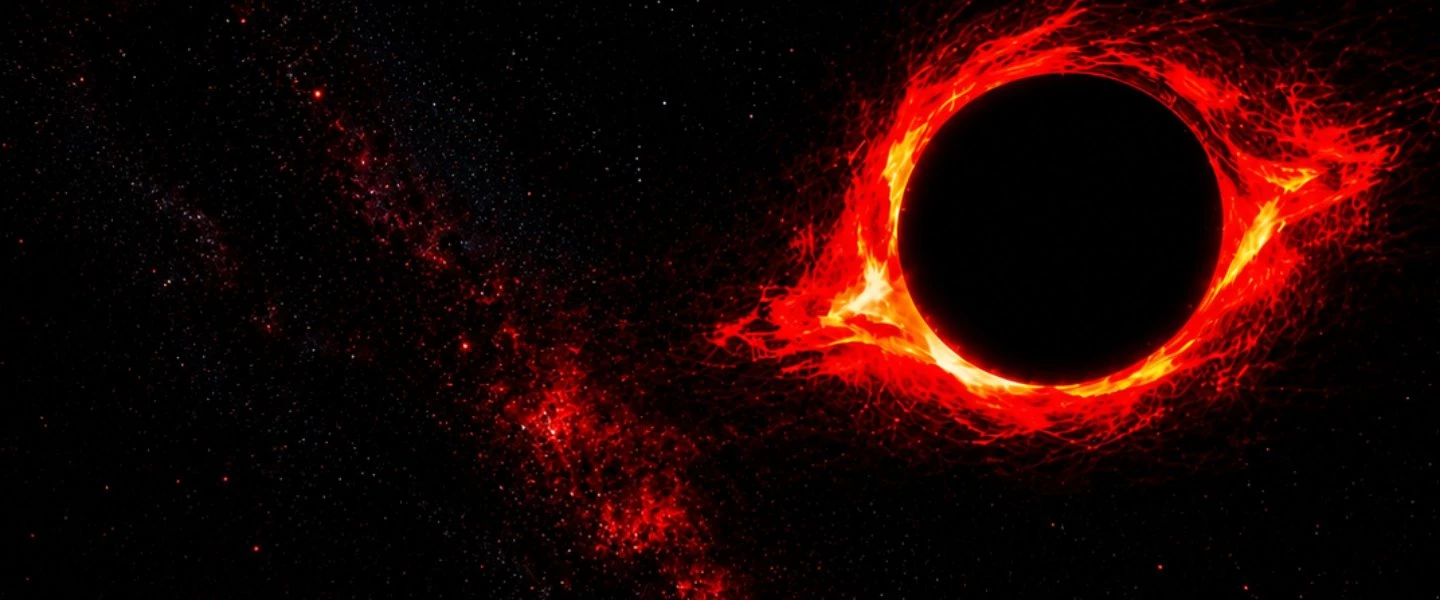 Düstere Sci-Fi-Szenerie im All: Ein glühend roter Planet erhebt sich am Horizont, während darüber ein mächtiges Schwarzes Loc